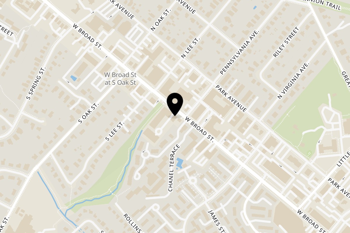 Map showing the location of Harvey's on 513 West Broad Street in Falls Church